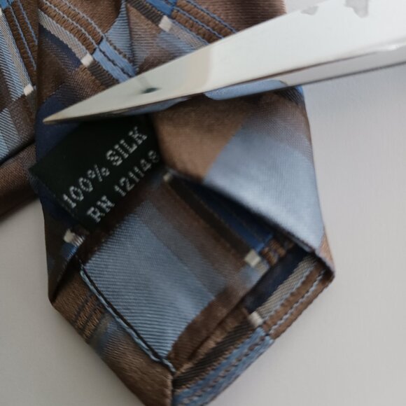 Calvin Klein Men's Necktie Print Silver Brown Squares 58 X 3.5" W  100% Silk NWT - Picture 2 of 10